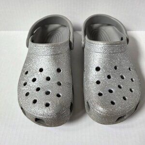 Crocs Shoes Womens 8 Silver Glitter Classic Clogs Slip Ons Sandals